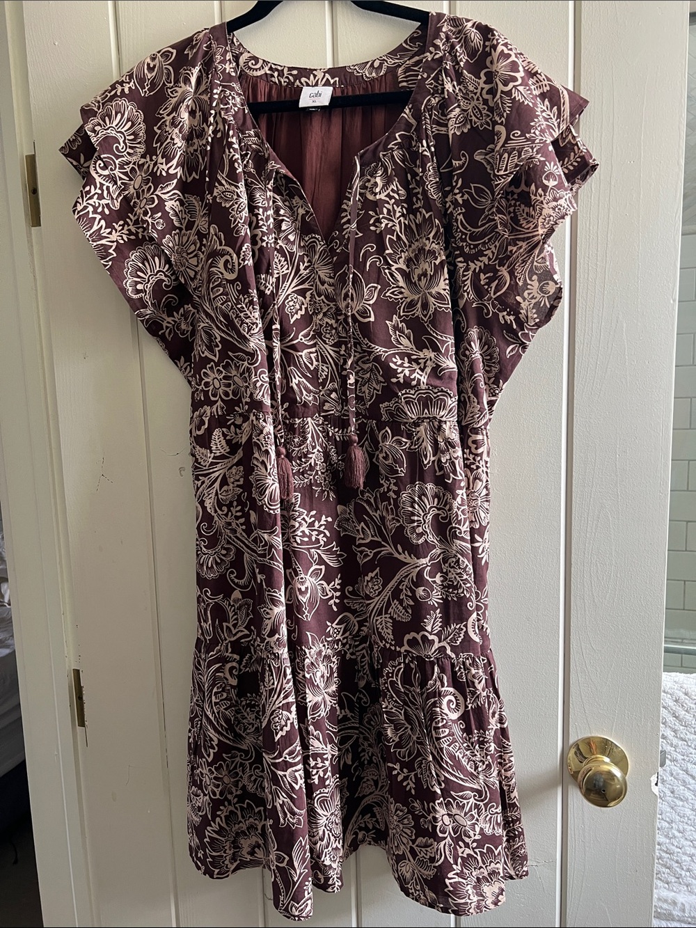 CAbi Brown Midi Dress with Cream Floral Print